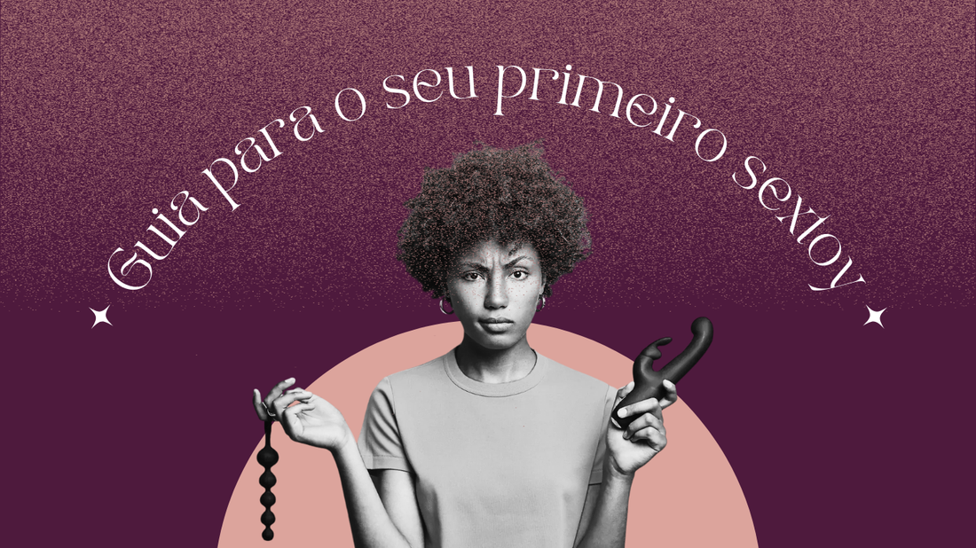 Imagem ilustrativa de uma mulher pensando enquanto explora opções de brinquedos sexuais, com foco na escolha do primeiro produto de prazer.