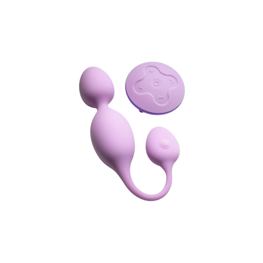 Bolas Kegel vibratórias Wellness Raine em silicone roxo, com controlo remoto sem fios packaging