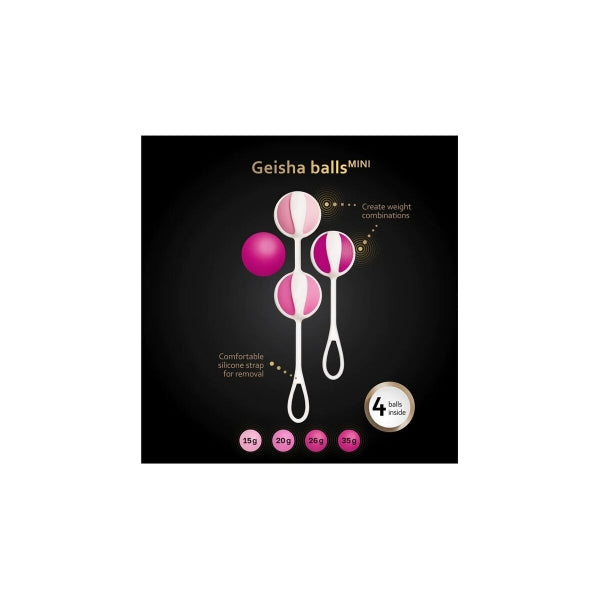 Bolas de Kegel Geisha Balls Mini em silicone médico, conjunto com 4 pesos diferentes e fios de silicone para treino progressivo do assoalho pélvico.