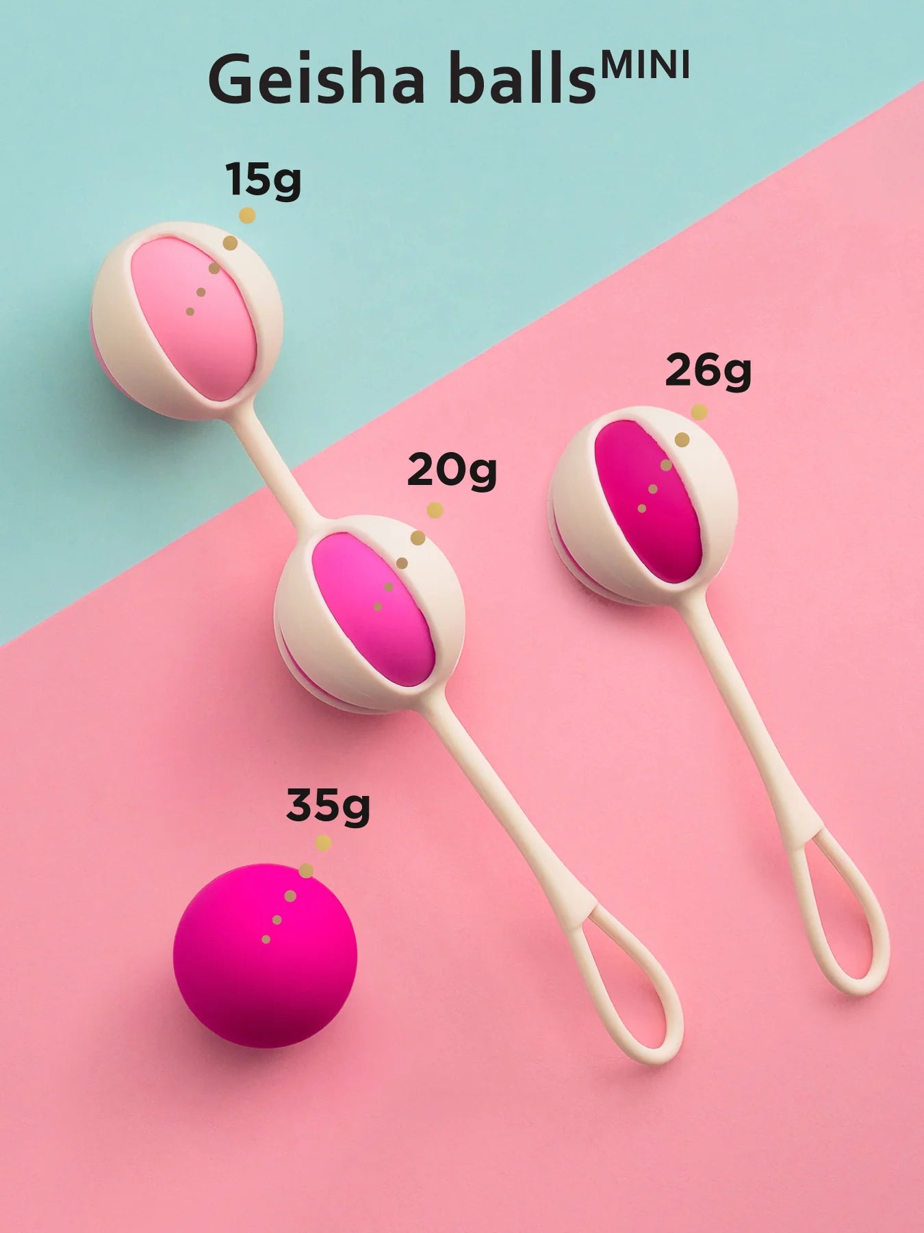 Bolas de Kegel Geisha Balls Mini em silicone médico, conjunto com 4 pesos diferentes e fios de silicone para treino progressivo do assoalho pélvico.