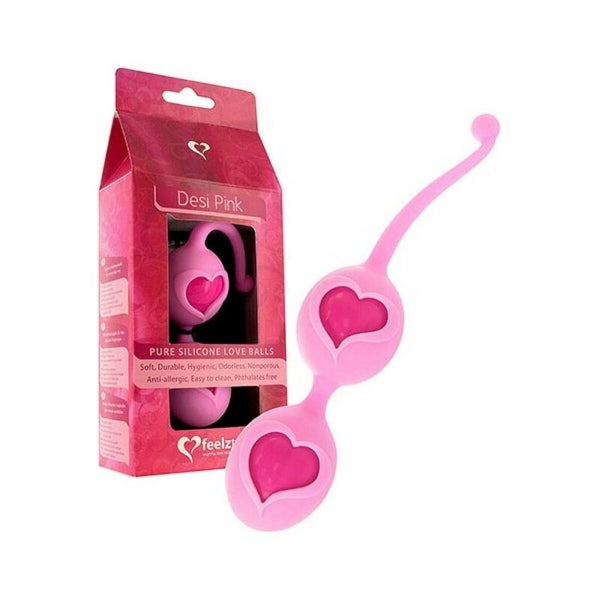 Bolas Kegel FeelzToys Desi Love Balls em silicone rosa, ideais para treino pélvico diário.