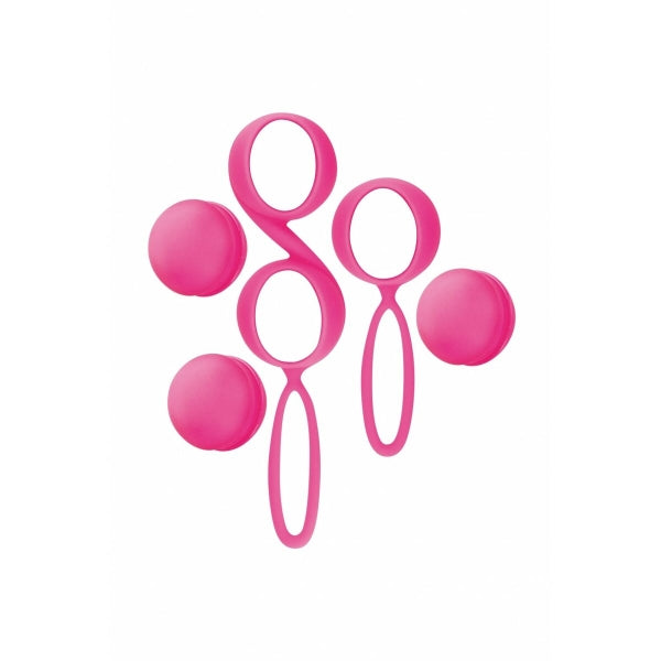 Set de bolas Kegel Geisha Love em silicone rosa, incluindo uma bola solo e um par de bolas duplas.