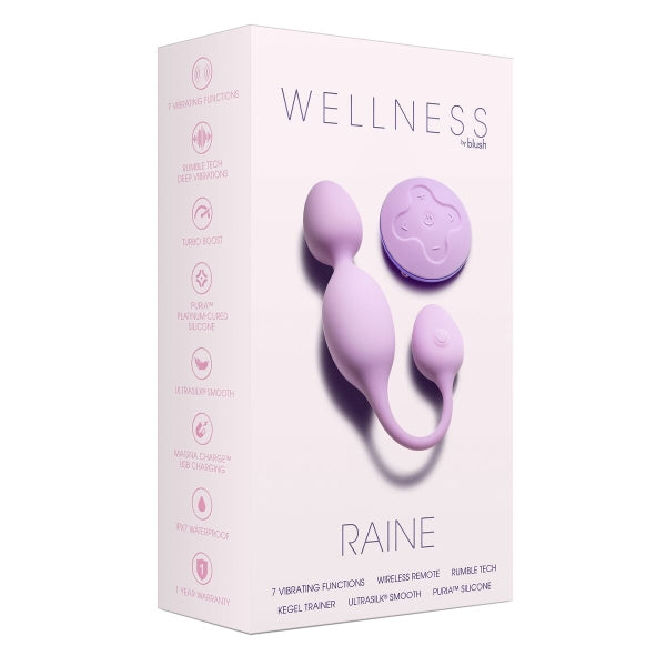 Bolas Kegel vibratórias Wellness Raine em silicone roxo, com controlo remoto sem fios packaging