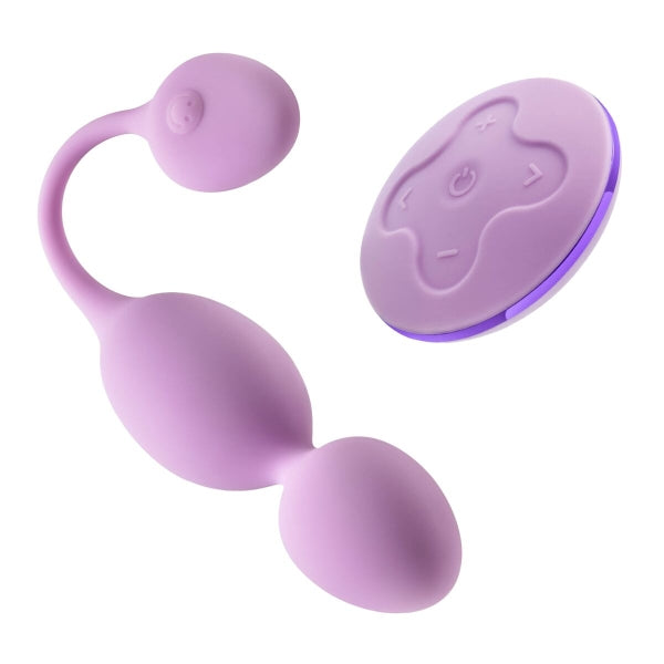Bolas Kegel vibratórias Wellness Raine em silicone roxo, com controlo remoto sem fios.