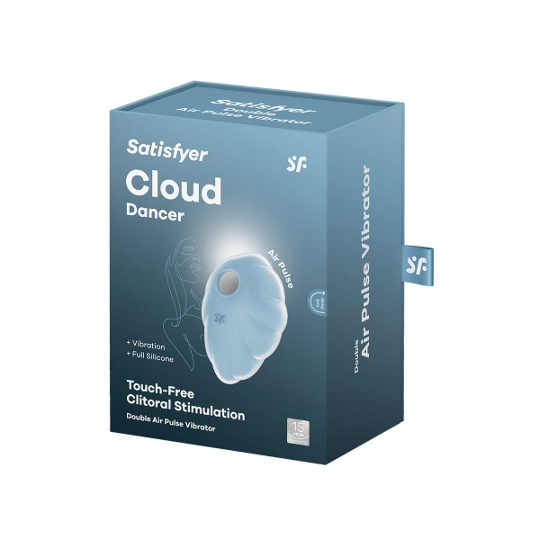 Satisfyer Cloud Dancer em silicone médico, estimulando o clitóris com ondas de pressão e vibrações, design romântico em forma de nuvem, à prova d'água e fácil de limpar.