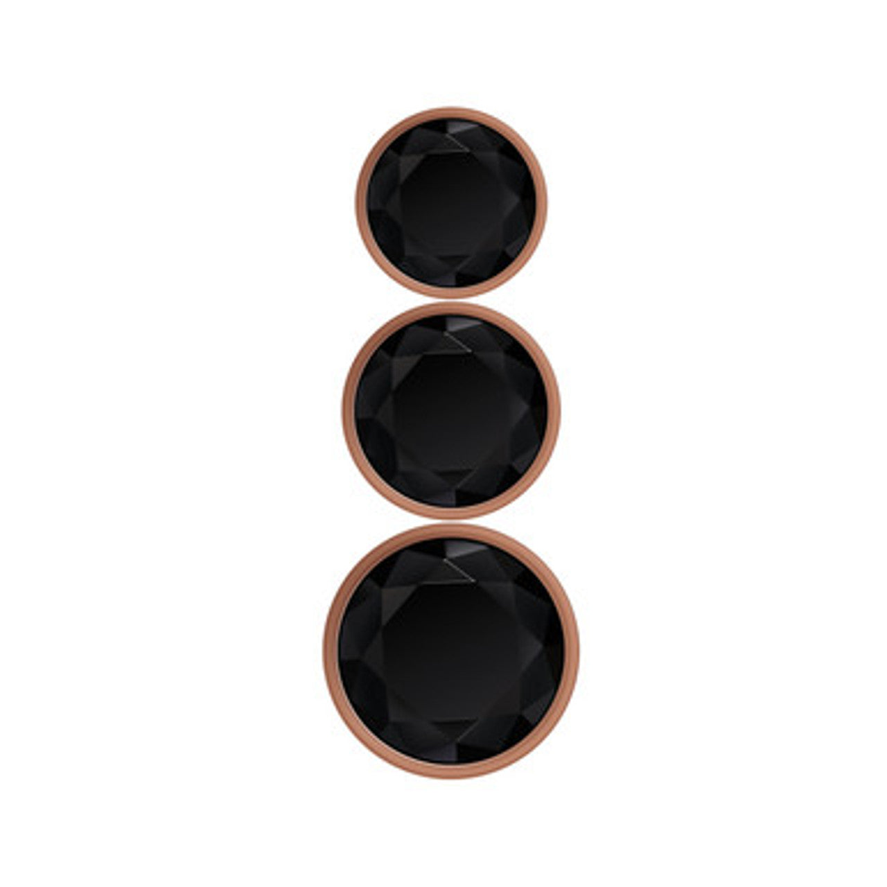 Conjunto de plugs anais Gold Digger com três tamanhos, design esférico, liga de alumínio compatível com variações térmicas e base com joia preta brilhante.