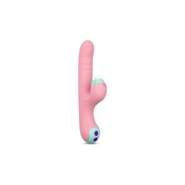 Vibrador Daisy Rabbit em silicone rosa, com ponteiras intercambiáveis para estímulo do ponto G e clitóris.