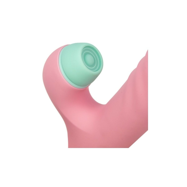 Zoom do Vibrador Daisy Rabbit em silicone rosa, com ponteiras intercambiáveis para estímulo do ponto G e clitóris.