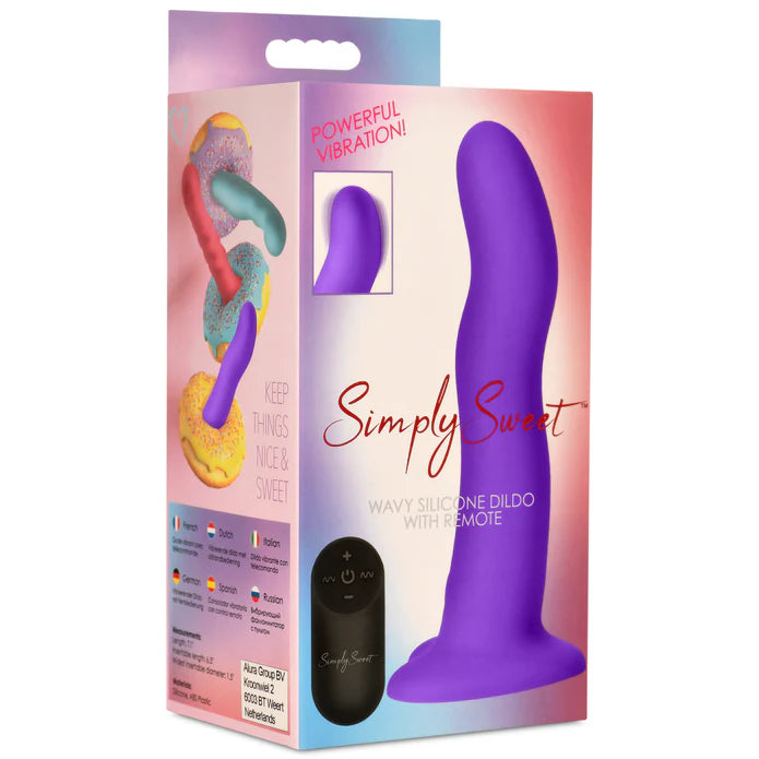 Dildo vibratório Simply Sweet com eixo ondulado, base ventosa, controlo remoto sem fios e resistência à água para prazer personalizado e mãos livres.
