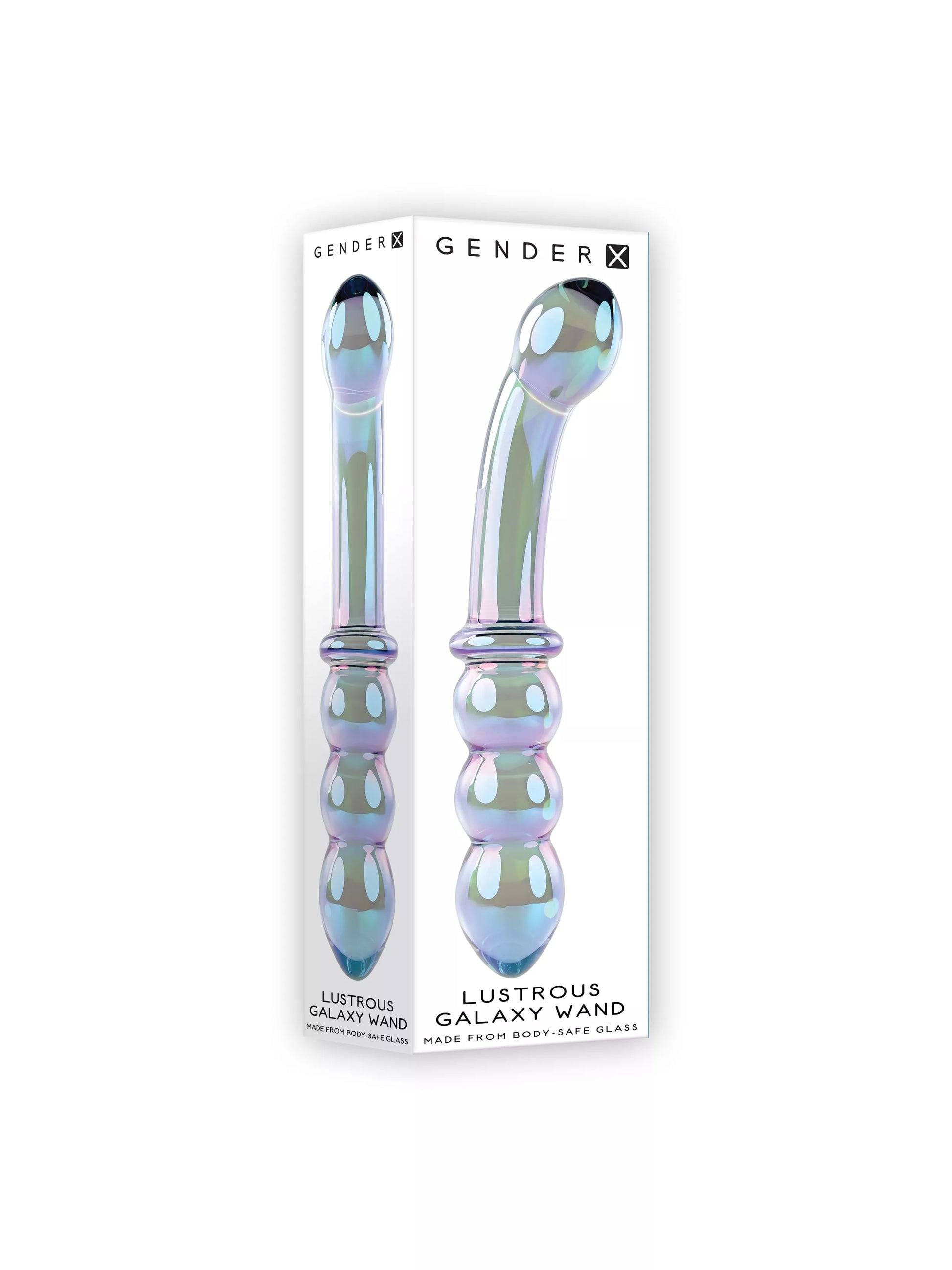 Dildo de vidro Evolved Baguette Brillante Galaxy com design iridescente, duas extremidades para dupla estimulação e compatível com variações térmicas para sensações cósmicas.