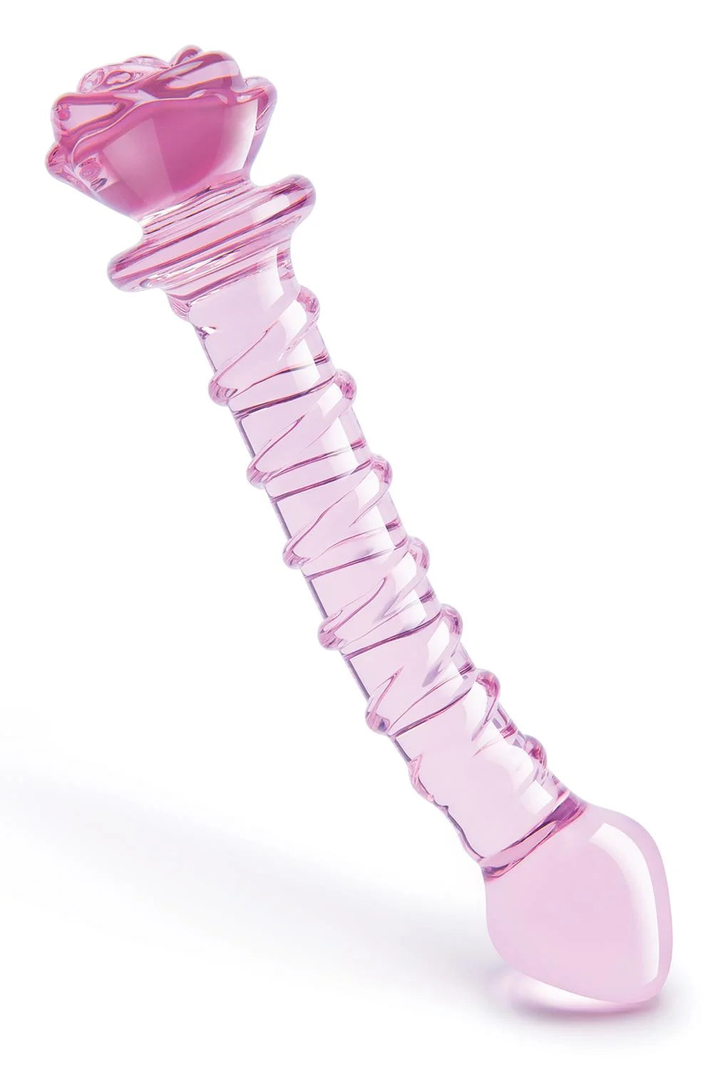Dildo de vidro Glaze Spiral com textura espiralada e curvatura ergonómica para estimulação intensa do Ponto G, feito em vidro borossilicato seguro e compatível com variações térmicas.