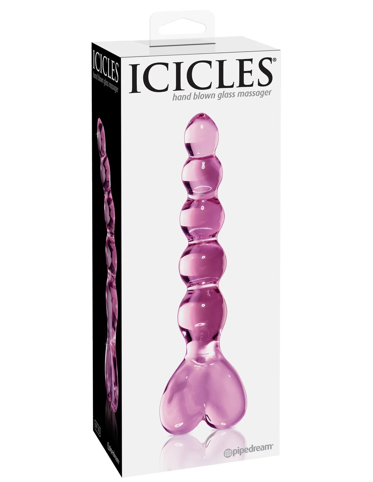 PACKAGING DO Dildo de vidro Icicle Nº43 com ponta curvada para estimulação precisa do Ponto G e Ponto P, feito em vidro borossilicato seguro e compatível com variações térmicas.