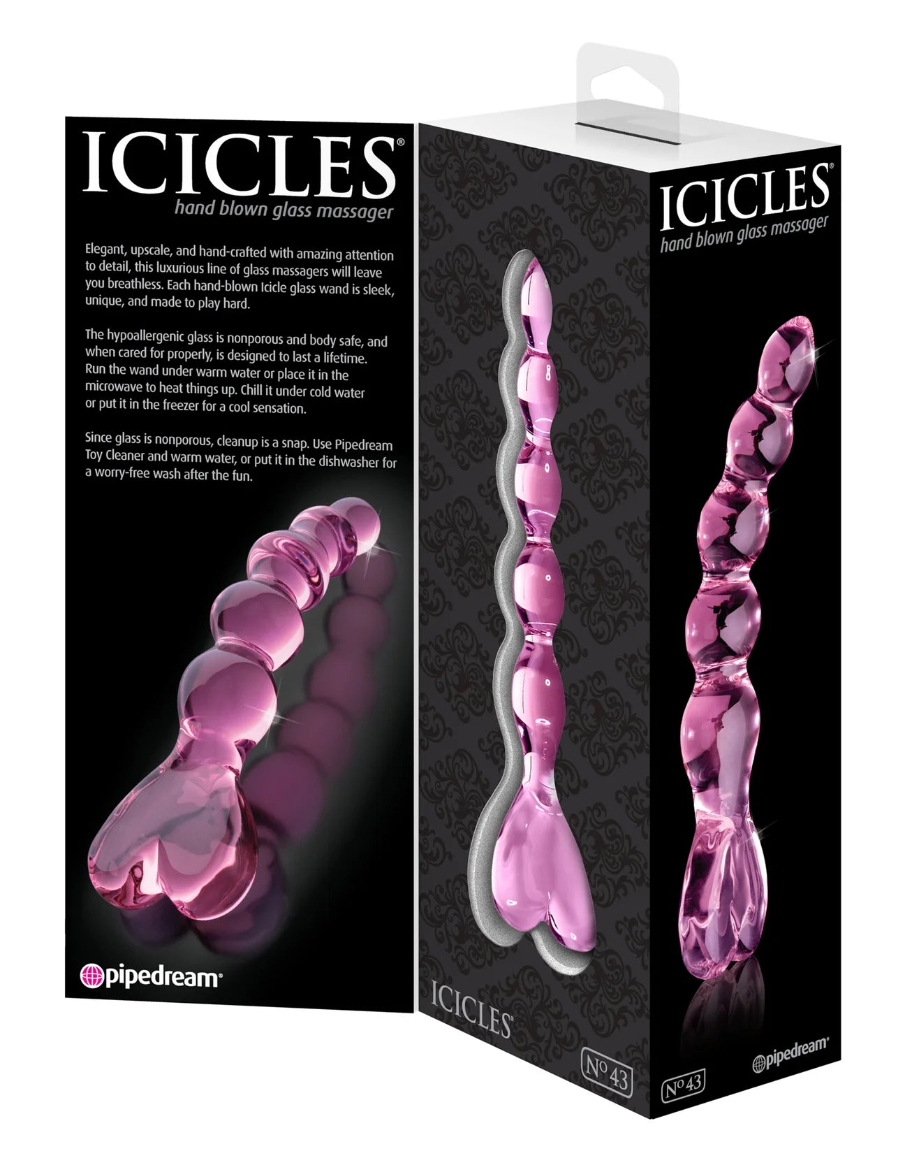 Packaging do Dildo de vidro Icicle Nº43 com ponta curvada para estimulação precisa do Ponto G e Ponto P, feito em vidro borossilicato seguro e compatível com variações térmicas.