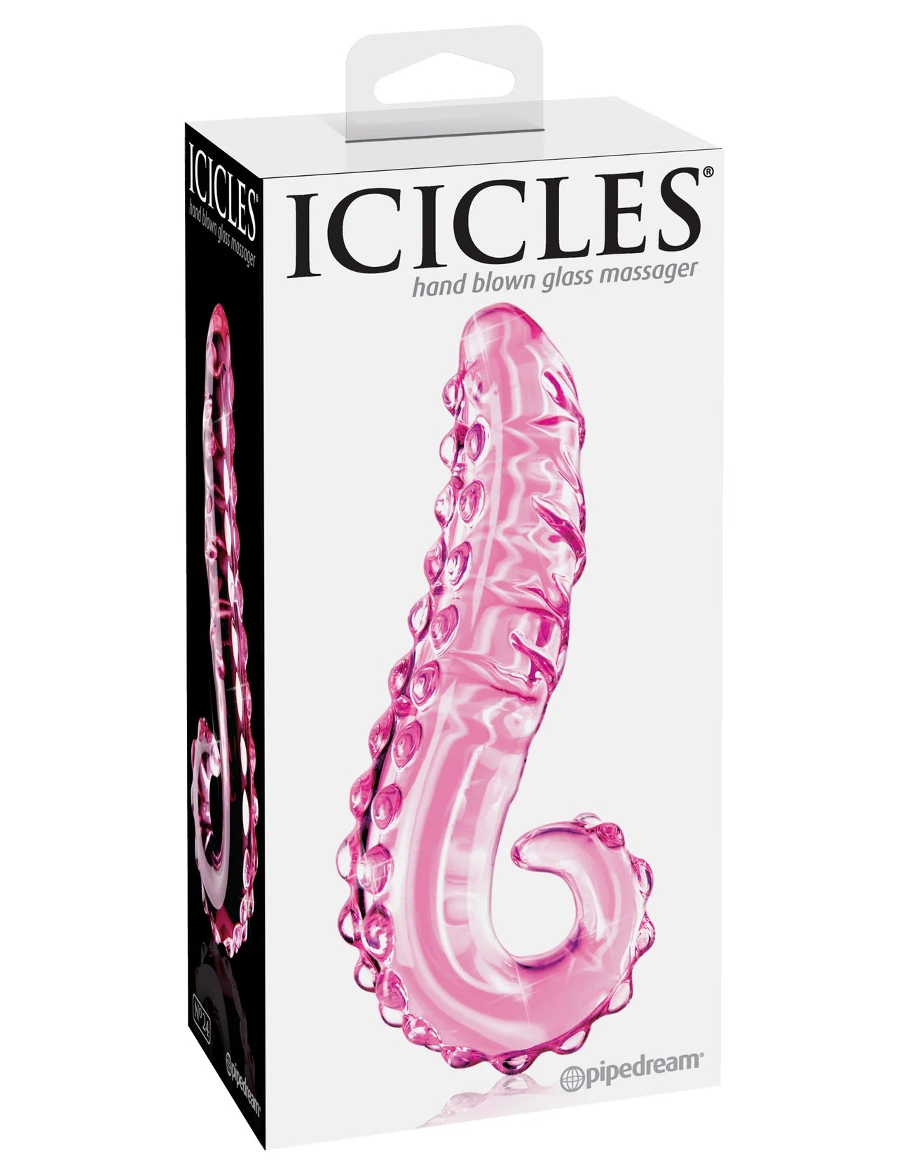 Dildo de vidro Icicles Nº24 com design tentacular, textura estimulante e vidro borossilicato compatível com variações térmicas para uma experiência sensorial intensa.