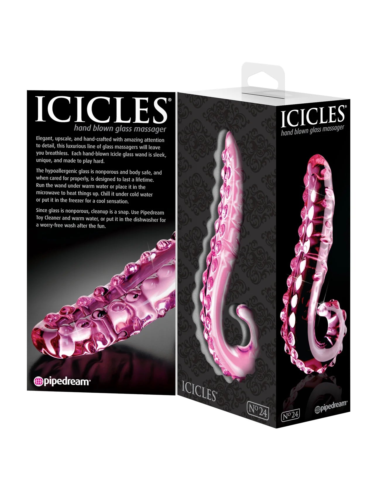 Dildo de vidro Icicles Nº24 com design tentacular, textura estimulante e vidro borossilicato compatível com variações térmicas para uma experiência sensorial intensa.