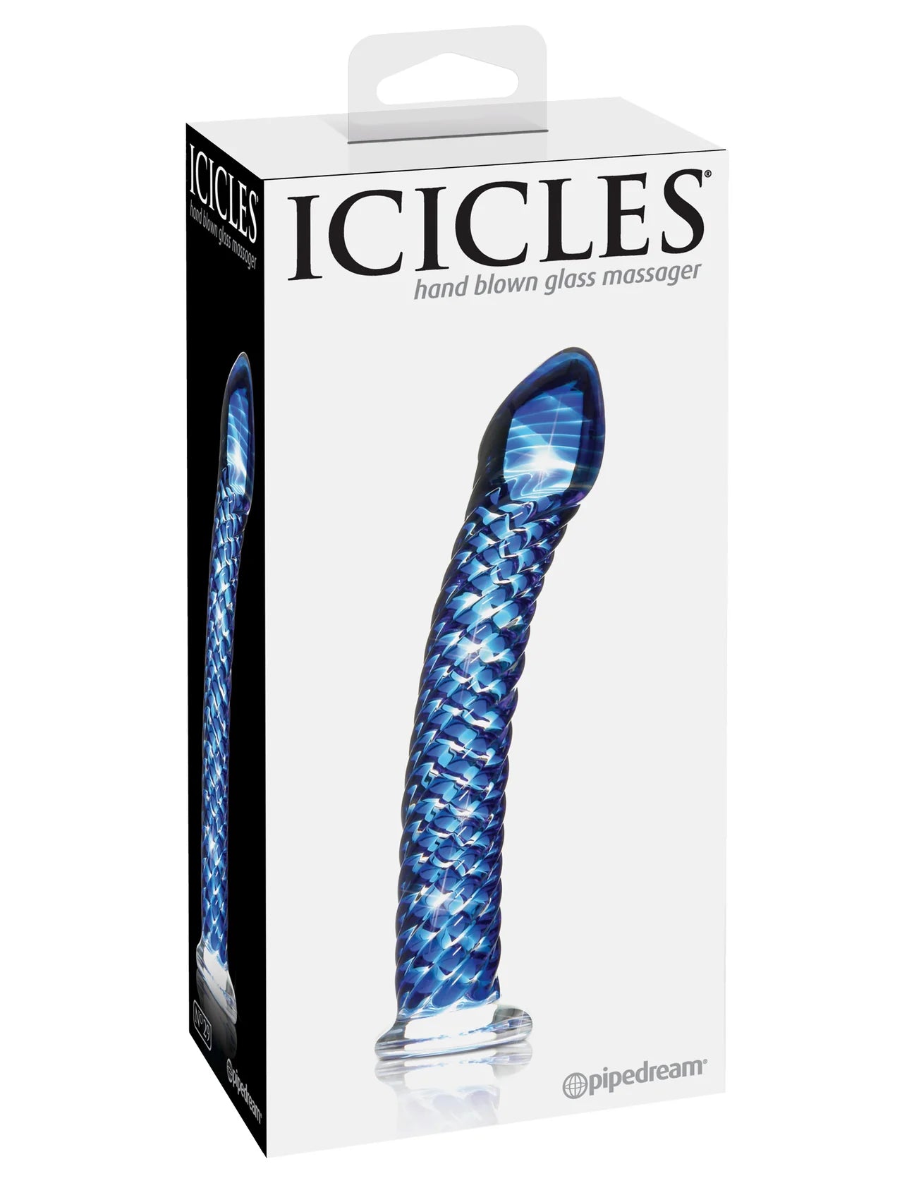 Dildo de vidro Icicles Nº29 com design alongado e elegante, vidro borossilicato ultra seguro e compatível com variações térmicas para um prazer sofisticado e intenso.