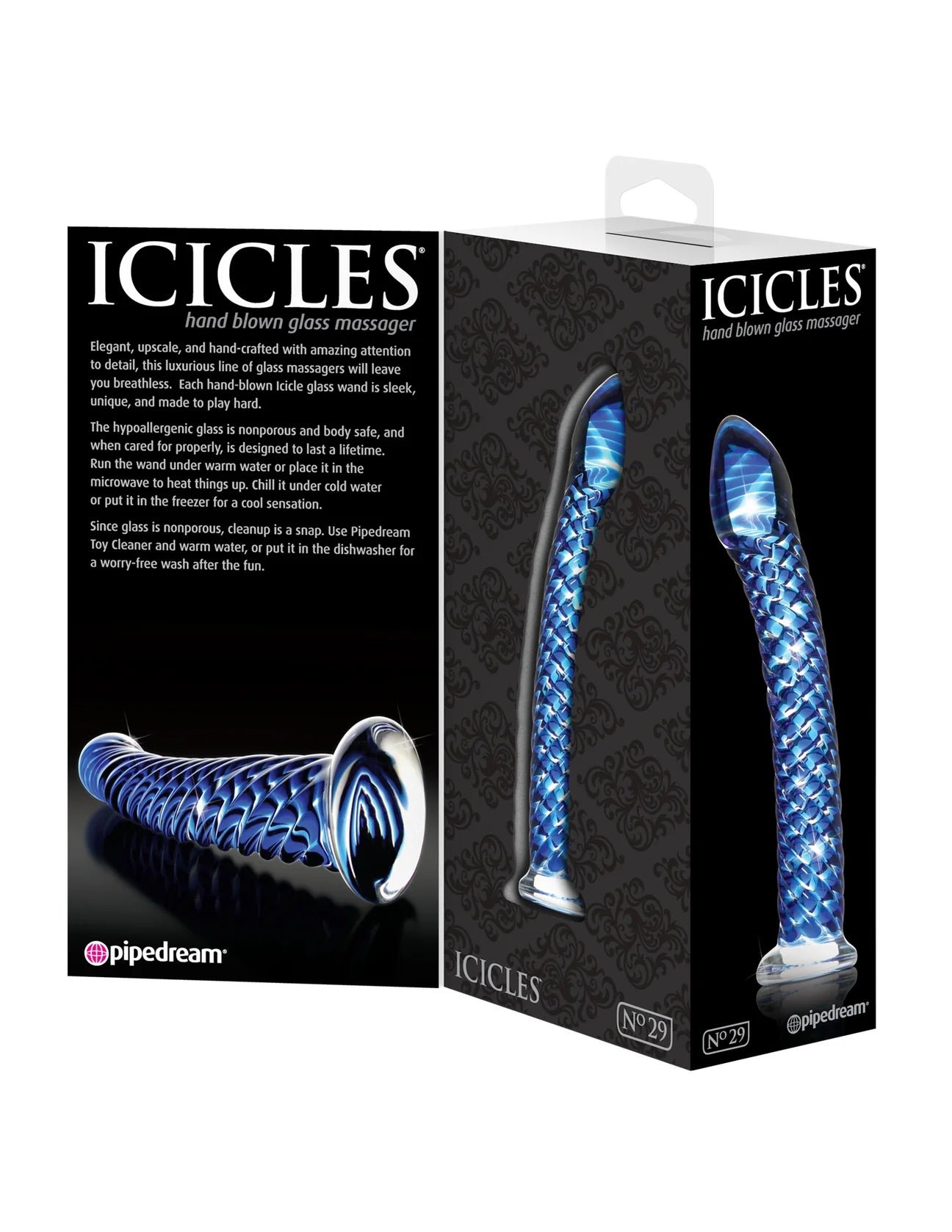 Dildo de vidro Icicles Nº29 com design alongado e elegante, vidro borossilicato ultra seguro e compatível com variações térmicas para um prazer sofisticado e intenso.