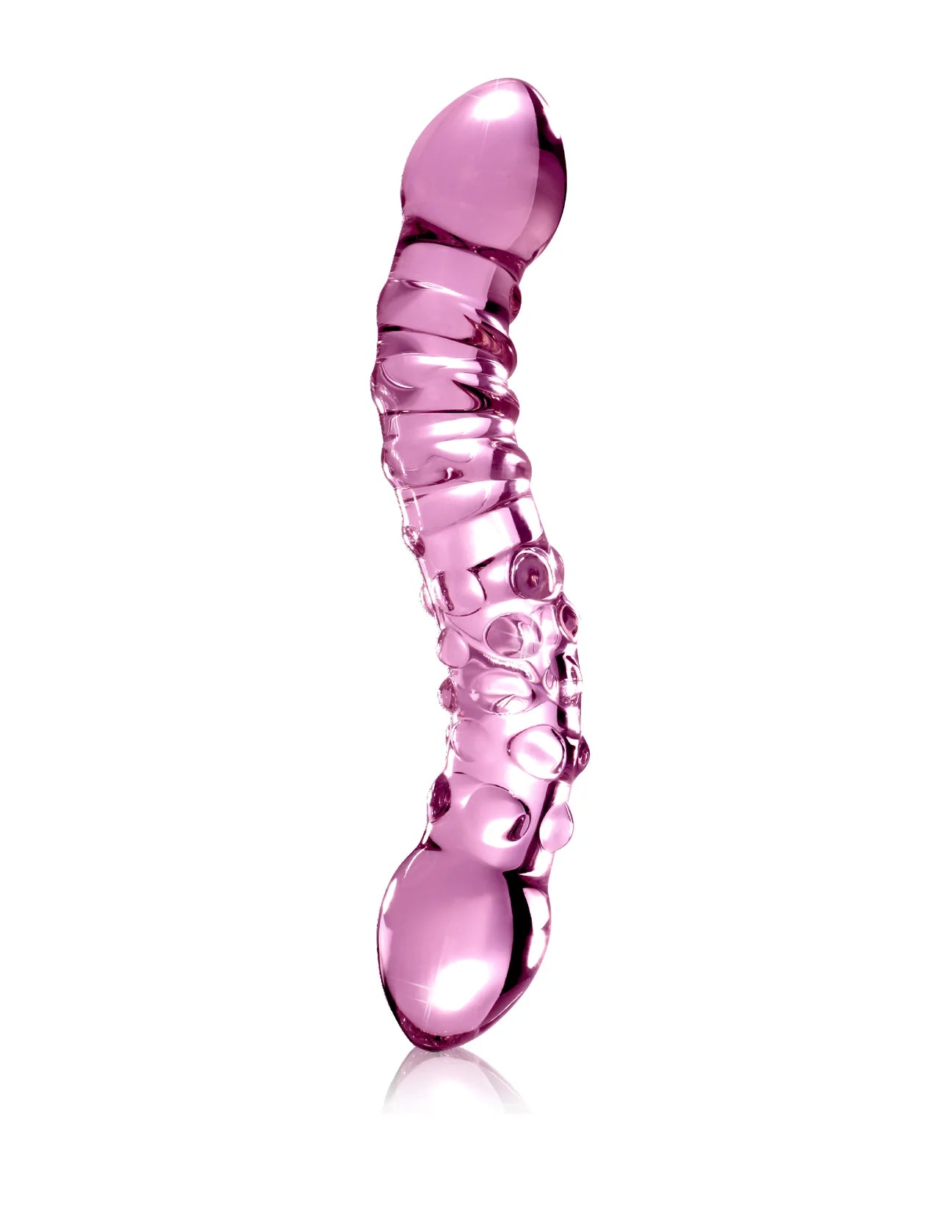 Dildo de vidro Icicles Nº55 com duas extremidades distintas, textura em espiral e saliências suaves, ideal para estimulação do Ponto G e da próstata com controle térmico.