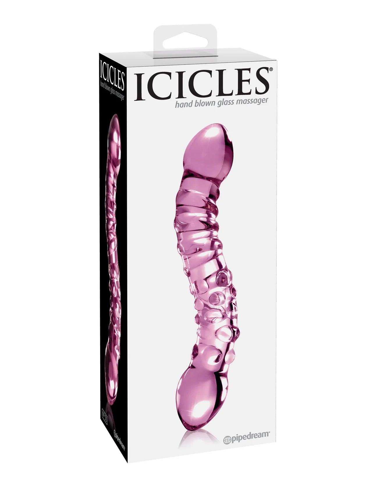 Dildo de vidro Icicles Nº55 com duas extremidades distintas, textura em espiral e saliências suaves, ideal para estimulação do Ponto G e da próstata com controle térmico.