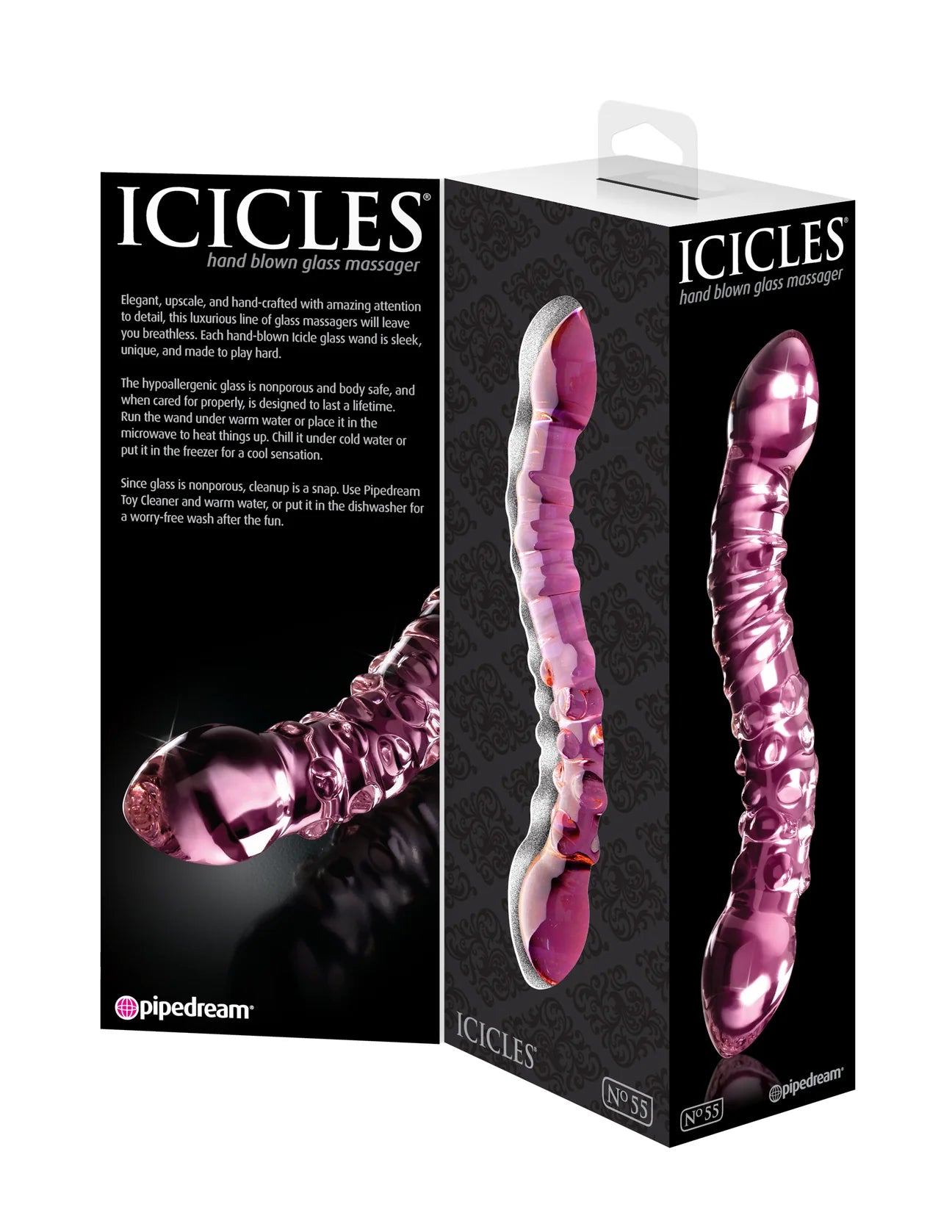 Dildo de vidro Icicles Nº55 com duas extremidades distintas, textura em espiral e saliências suaves, ideal para estimulação do Ponto G e da próstata com controle térmico.