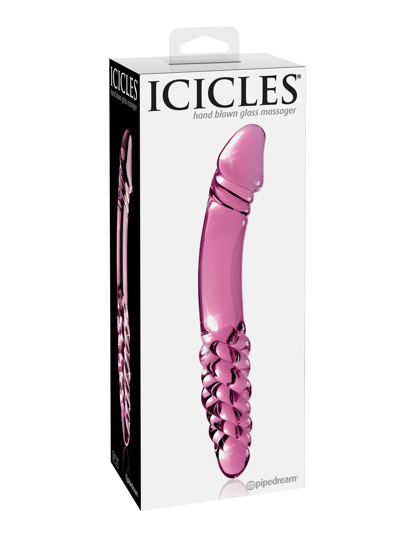 Dildo de vidro Icicles Nº57 com duas extremidades: uma ponta bulbosa para estimulação intensa e uma textura em espiral para arrepios de prazer, feito em vidro borossilicato compatível com variações térmicas.