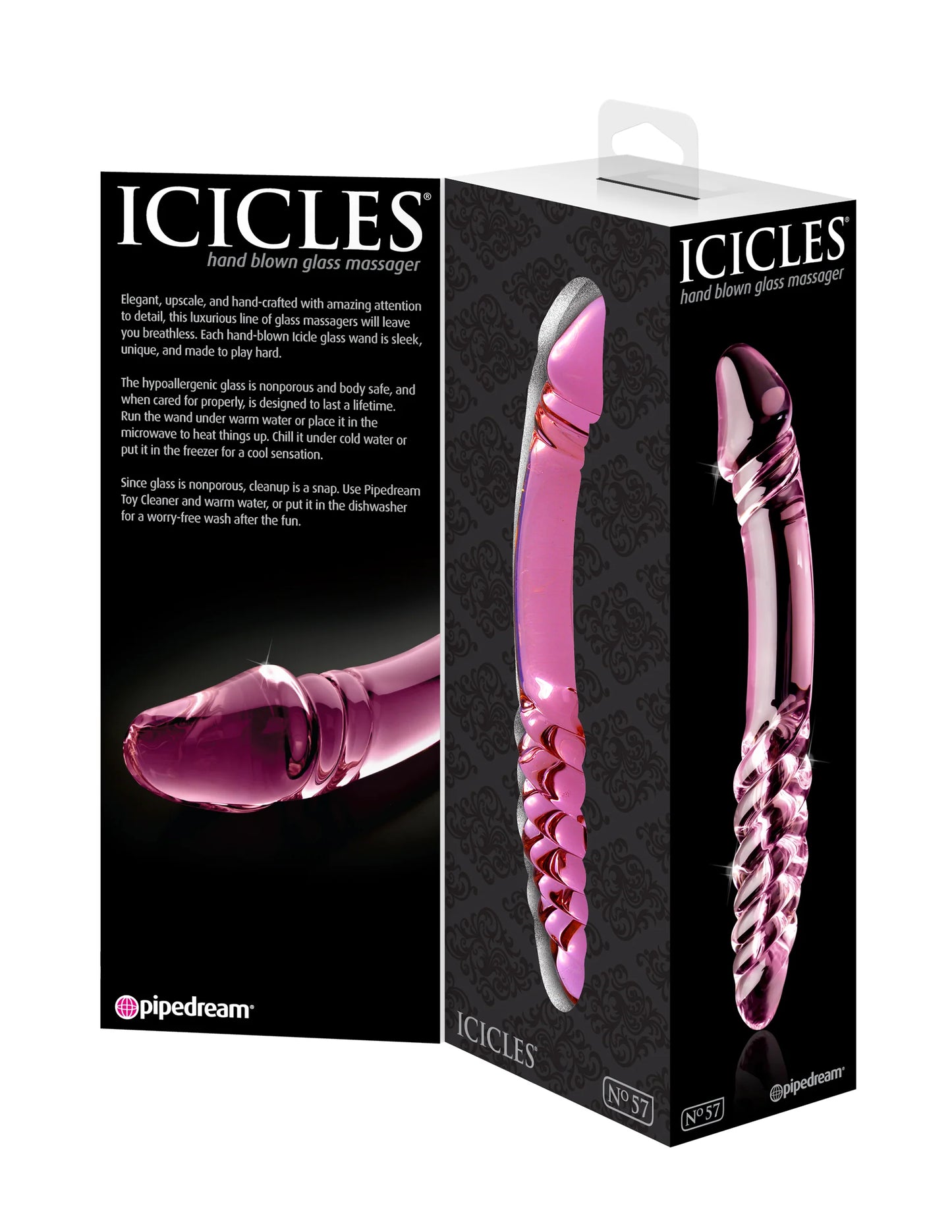 Dildo de vidro Icicles Nº57 com duas extremidades: uma ponta bulbosa para estimulação intensa e uma textura em espiral para arrepios de prazer, feito em vidro borossilicato compatível com variações térmicas.
