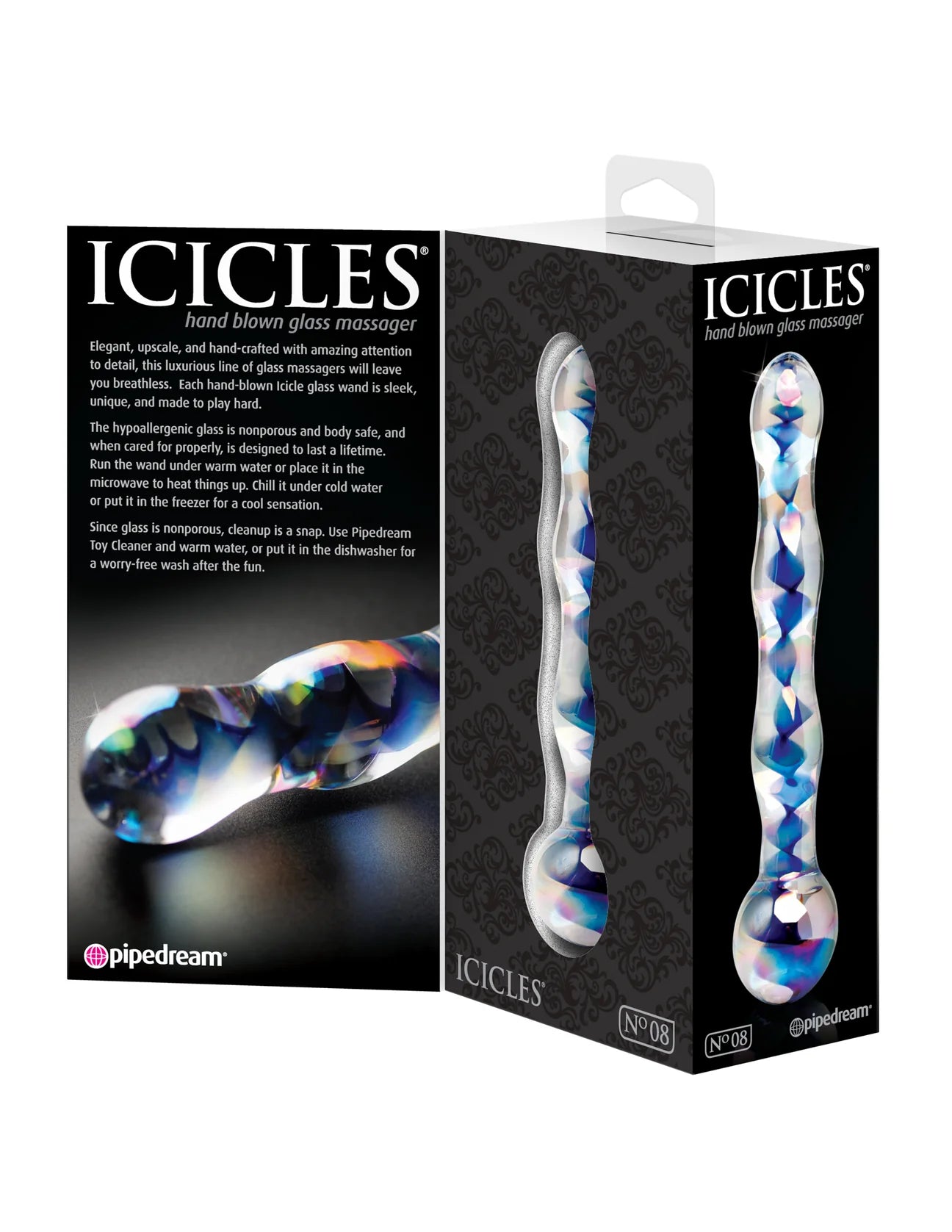 Dildo de vidro Icicles Nº8, com design artesanal elegante, vidro borossilicato seguro para o corpo e compatível com variações térmicas para um prazer intenso e sofisticado.