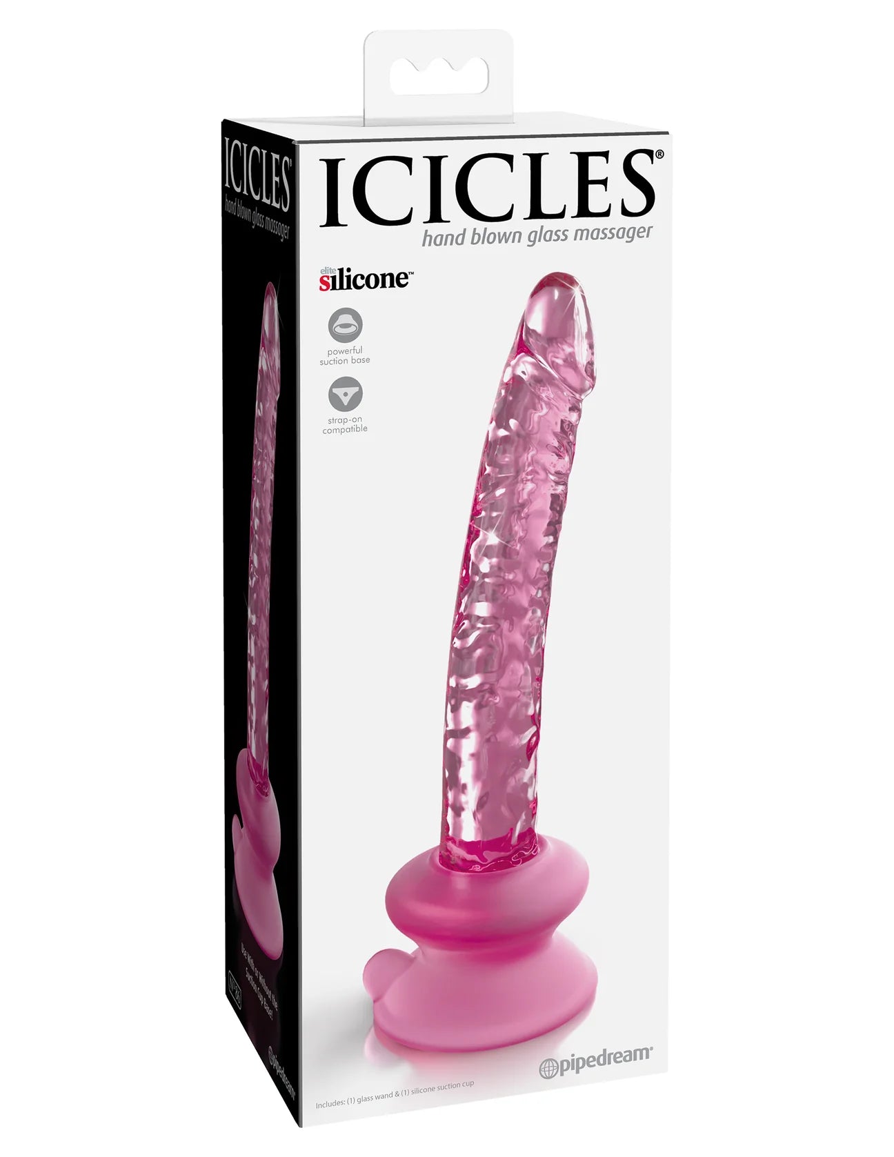Dildo de vidro Icicles Nº86 com textura veiny realista, base de sucção em silicone Elite e compatível com arnês, proporcionando prazer autêntico e versátil.