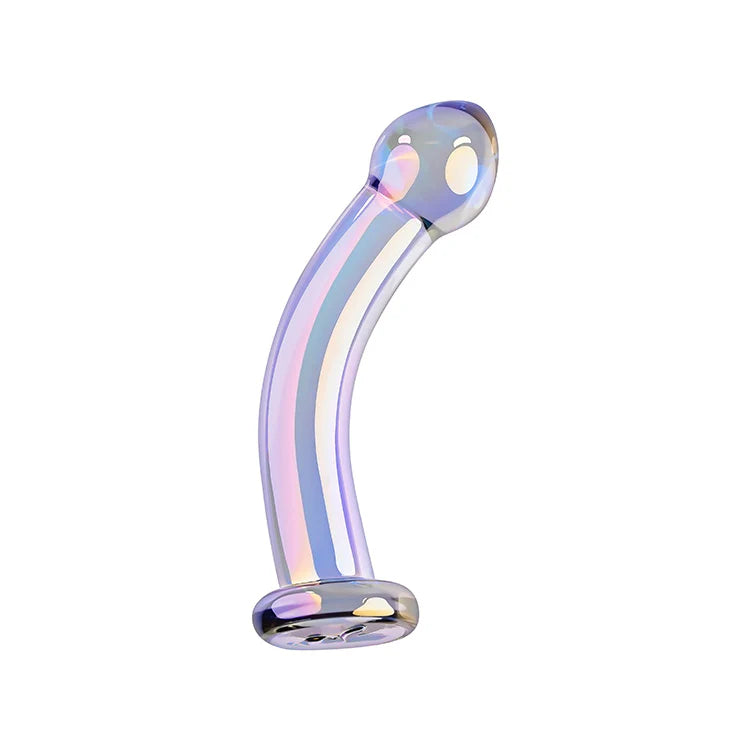 Dildo de vidro Playboy Pleasure Jewels King com design curvado, estimulação precisa do Ponto G e Ponto P, e acabamento iridescente para uma experiência de prazer sofisticada.