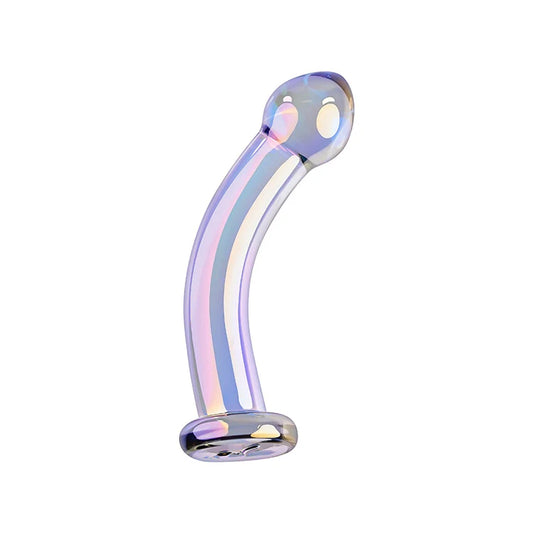 Dildo de vidro Playboy Pleasure Jewels King com design curvado, estimulação precisa do Ponto G e Ponto P, e acabamento iridescente para uma experiência de prazer sofisticada.