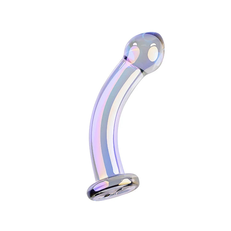 Dildo de vidro Playboy Pleasure Jewels King com design curvado, estimulação precisa do Ponto G e Ponto P, e acabamento iridescente para uma experiência de prazer sofisticada.