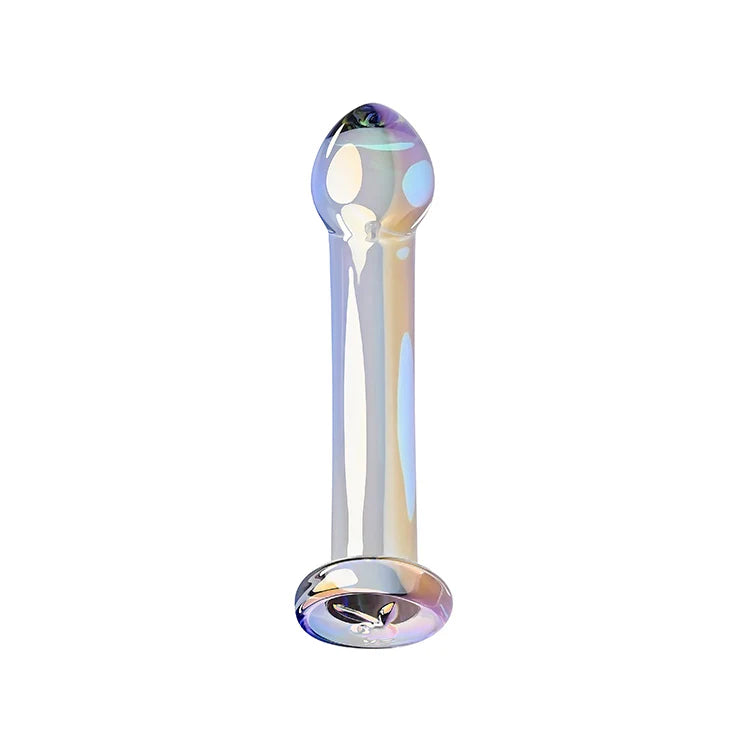 Dildo de vidro Playboy Pleasure Jewels King com design curvado, estimulação precisa do Ponto G e Ponto P, e acabamento iridescente para uma experiência de prazer sofisticada.