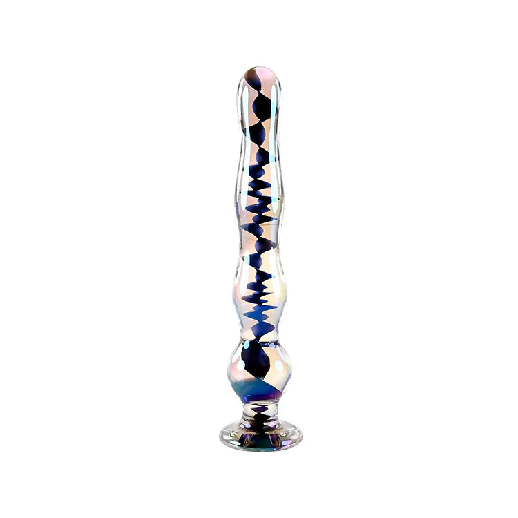 Dildo de vidro Playboy Pleasure Jewels Wand com textura graduada, acabamento iridescente e base Rabbit Head para segurança e sofisticação no prazer.