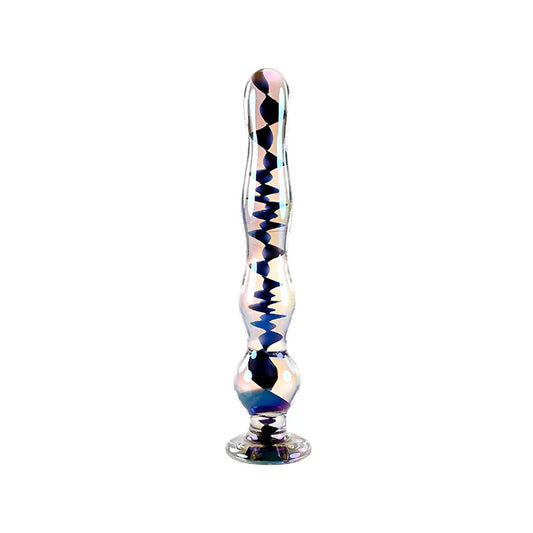 Dildo de vidro Playboy Pleasure Jewels Wand com textura graduada, acabamento iridescente e base Rabbit Head para segurança e sofisticação no prazer.