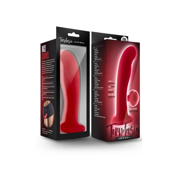 Emptasia Jezebel Curved Crimson Dildo, silicone Puria™, com base de sucção em forma de coração, ideal para estimulação intensa.
