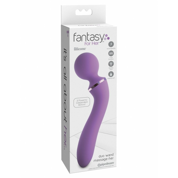 Massageador Fantasy For Her Duo Wand Massage-Her com dois motores, 10 modos de vibração, silicone elite e design ergonômico.