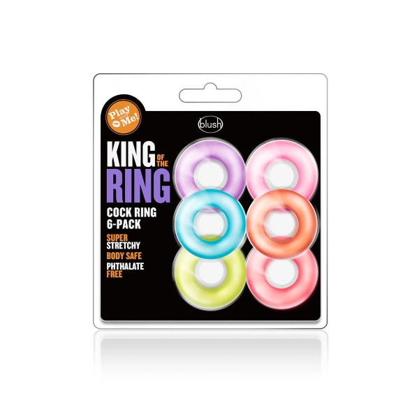 Conjunto King of the Ring com 6 anéis penianos elásticos, duráveis e confortáveis, projetados para prolongar e intensificar o prazer.
