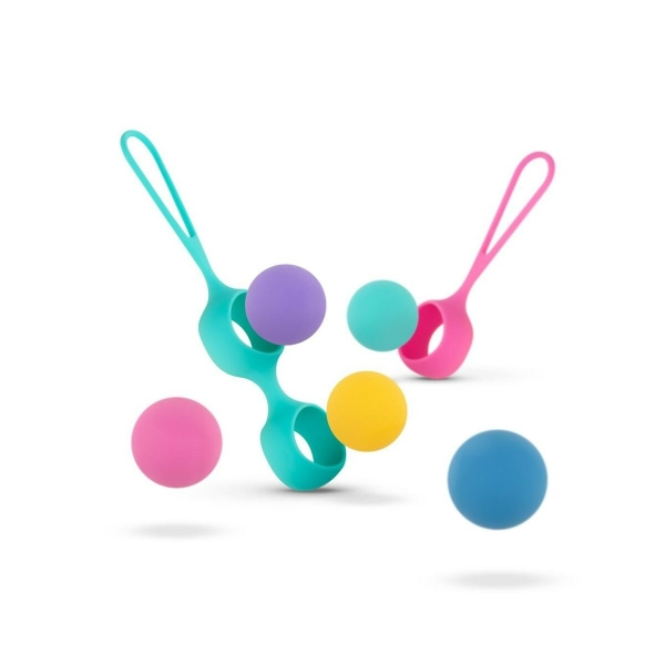 Kit Vita com bolas de Kegel coloridas, 5 pesos intercambiáveis e 2 suportes ergonómicos em silicone premium.