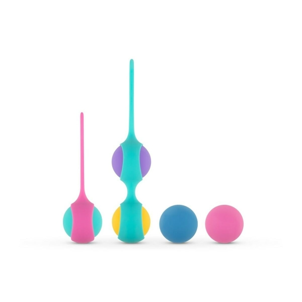Kit Vita com bolas de Kegel coloridas, 5 pesos intercambiáveis e 2 suportes ergonómicos em silicone premium.