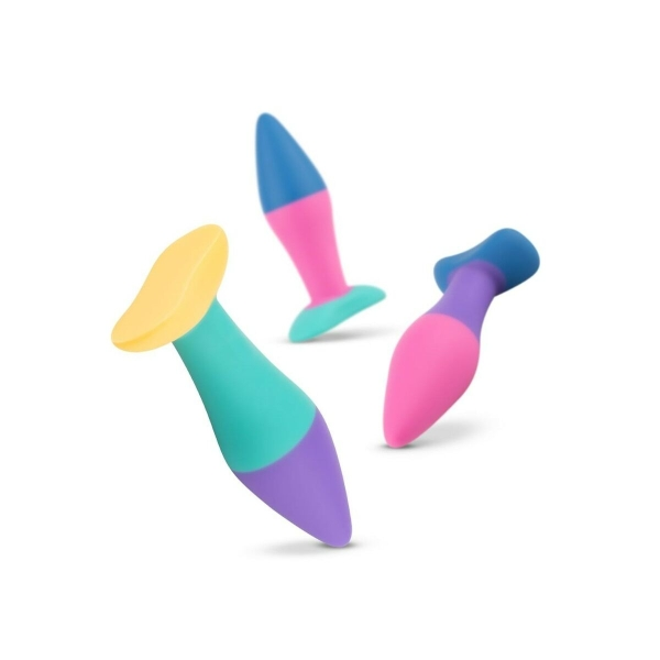 Conjunto de plugs anais Koda com três tamanhos progressivos em silicone colorido, design cónico e base plana.