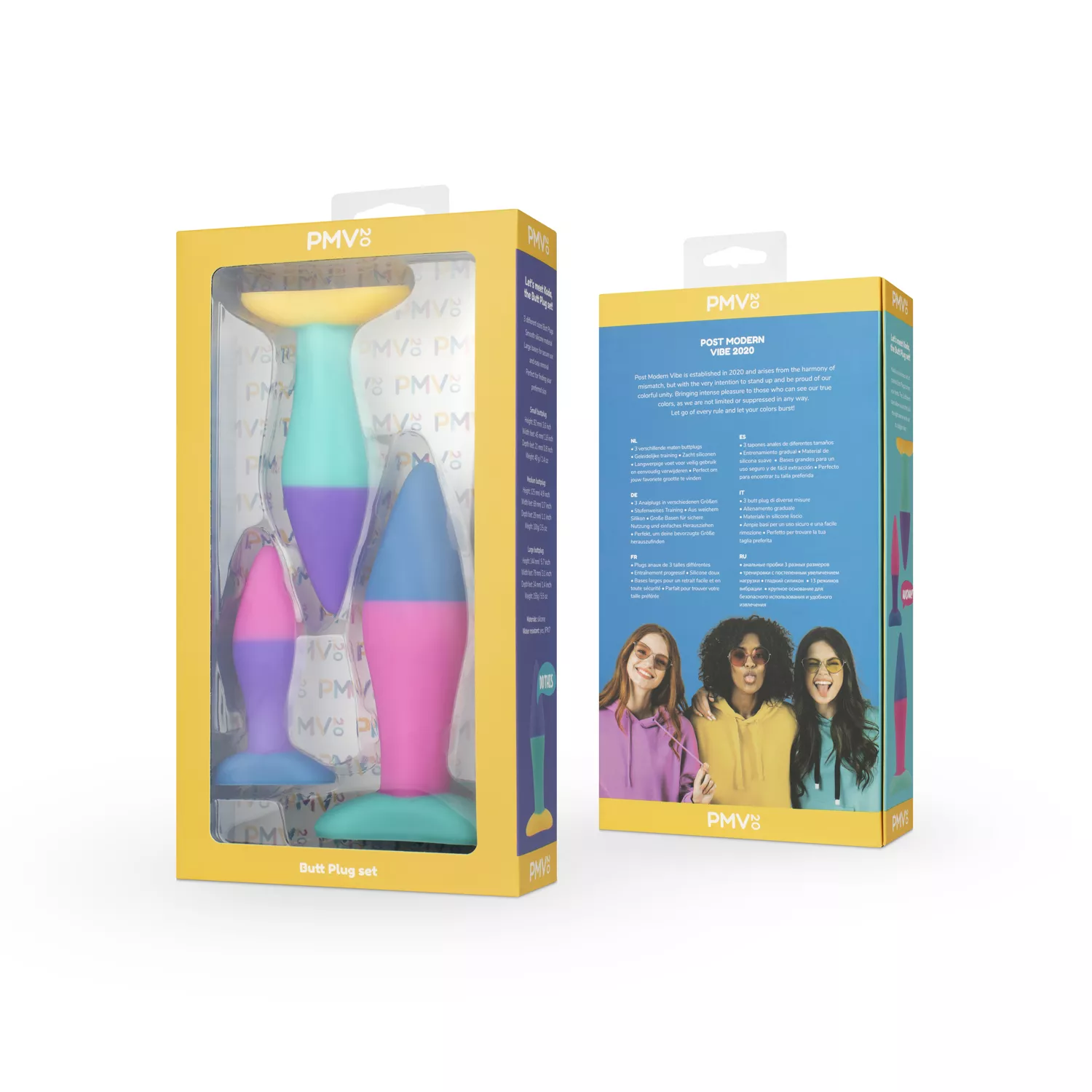 Conjunto de plugs anais Koda com três tamanhos progressivos em silicone colorido, design cónico e base plana.