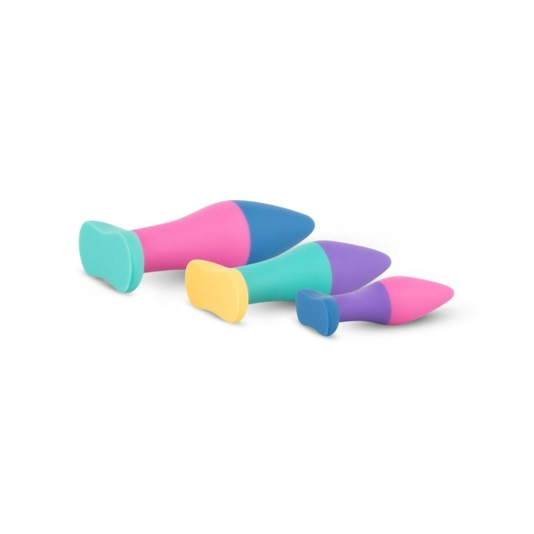 Conjunto de plugs anais Koda com três tamanhos progressivos em silicone colorido, design cónico e base plana.