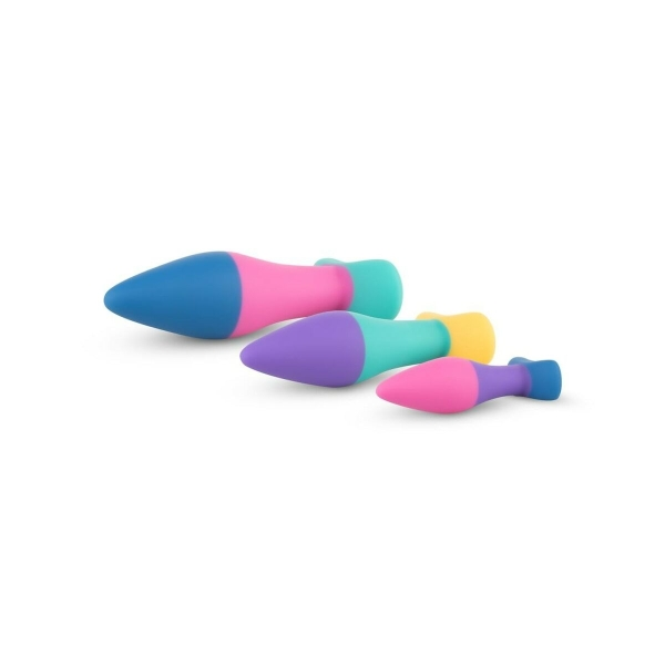 Conjunto de plugs anais Koda com três tamanhos progressivos em silicone colorido, design cónico e base plana.