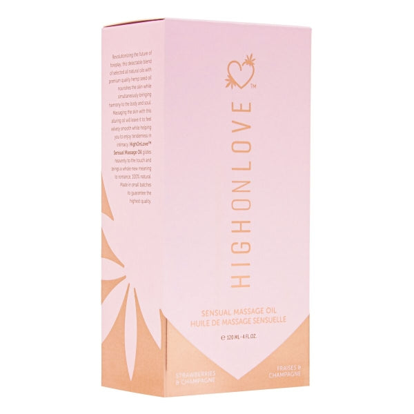 Frasco do Óleo de Massagem HighOnLove® com fragrância sensual de morango e champanhe.