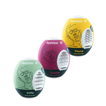 atisfyer Masturbator Eggs com texturas Riffle, Bubble e Fierce, material Cyberskin inovador, design compacto e sensação intensa para momentos de prazer únicos.