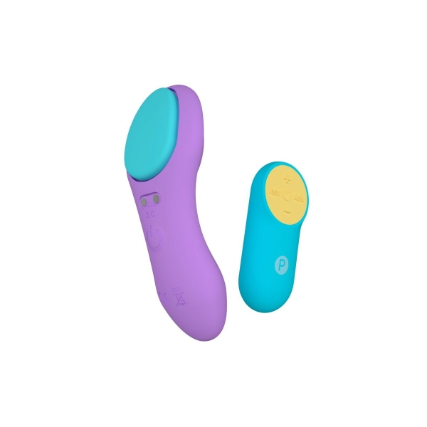 Estimulador discreto Panty com fixação magnética para lingerie, controle remoto sem fio, e design ergonômico em material sedoso.