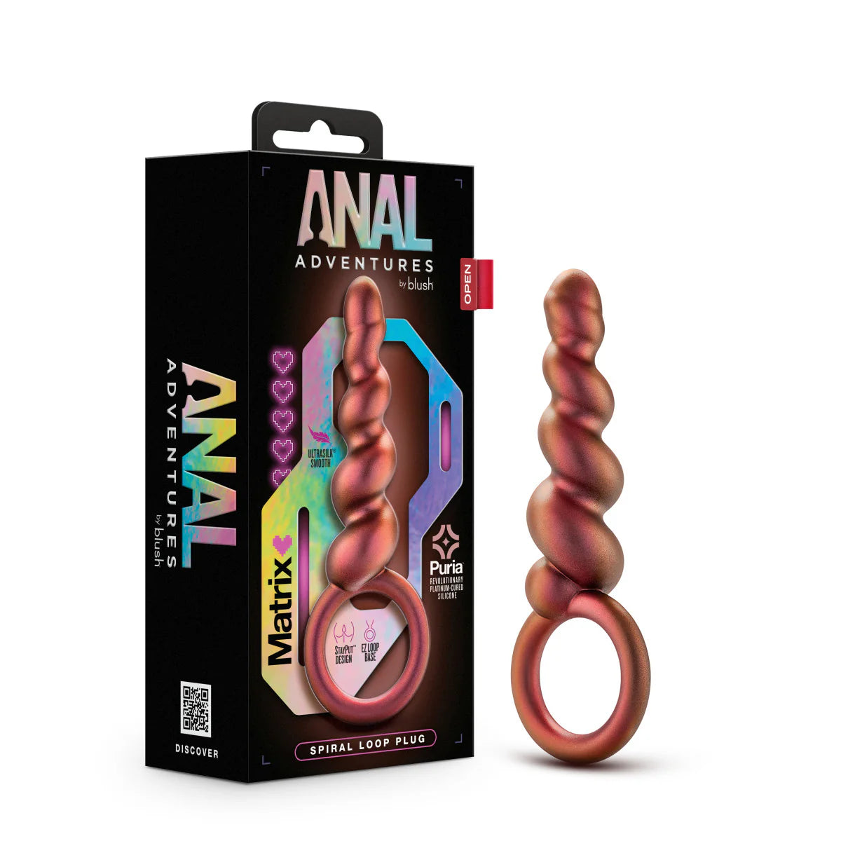 Plug anal Anal Adventures Matrix Spiral Loop com cinco espirais progressivas, base em laço para segurança e conforto, e toque ultra macio para um prazer intenso.