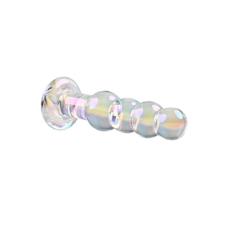 Plug anal de vidro Playboy Pleasure Jewels Beads com esferas graduais para estimulação progressiva, acabamento iridescente e vidro borossilicato compatível com variações térmicas.