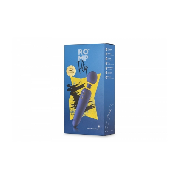 ROMP Flip massageador compacto com 4 modos de vibração, 6 níveis de intensidade e design à prova d'água.