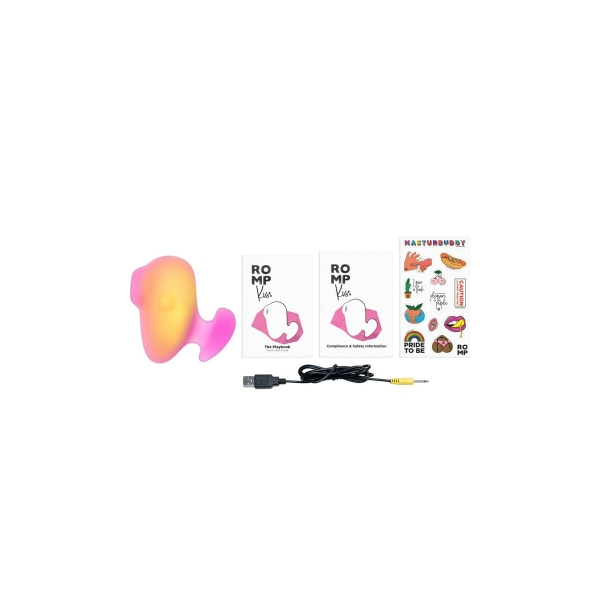Estimulador de sucção clitoriana ROMP Kiss, compacto, com tecnologia Pleasure Air™ e design ergonômico.